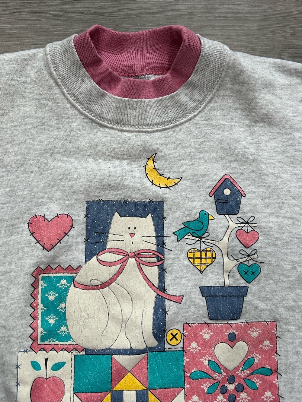 Vtg 90s Gopher Sport Cat Quilt Patchwork Sweater Gray Pink Double Collar Large - Picture 6 of 9